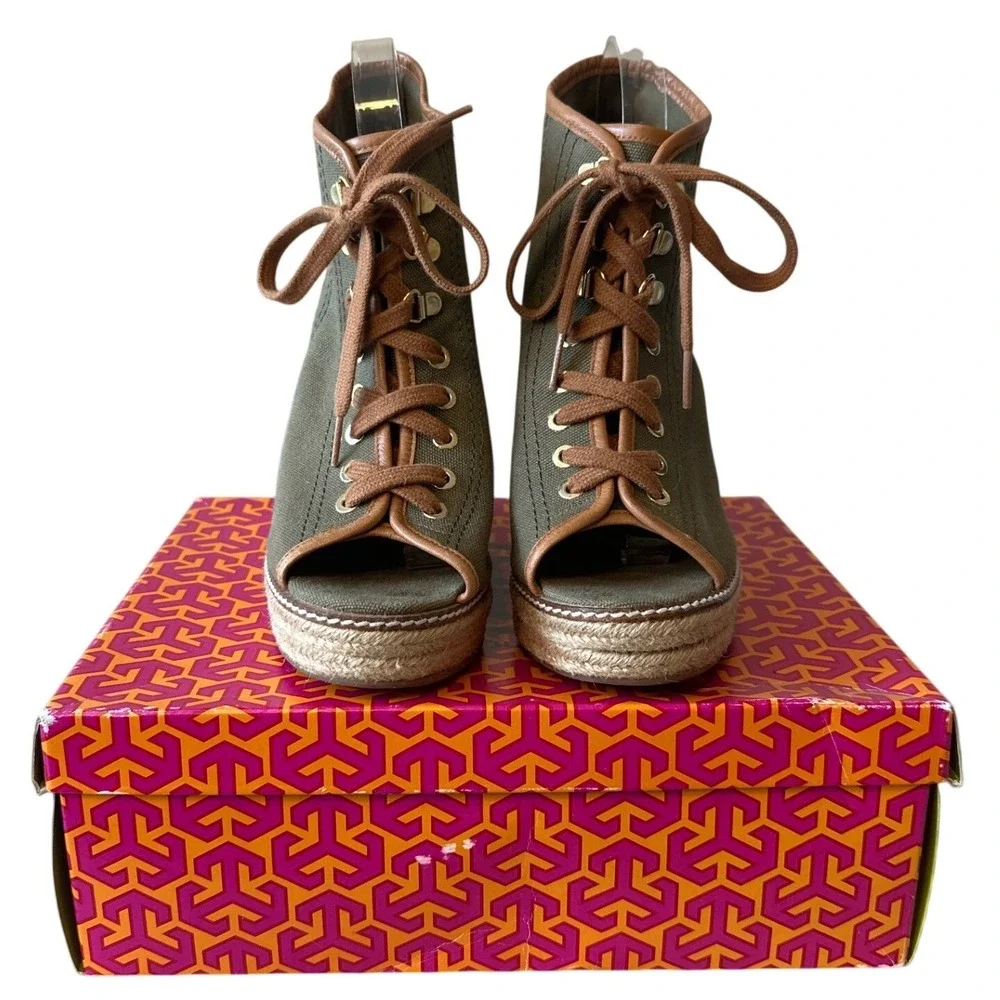 Tory‎ Burch Blair Wedge Lace Up Espadrilles Olive Canvas Size 8